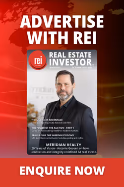 Advertisement for Real Estate Investor magazine featuring a man in a suit, with text encouraging advertising with REI and enquiring now.