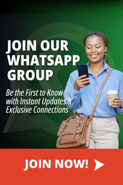 Smiling woman holding a smartphone and coffee cup with text inviting to join a WhatsApp group for instant updates and exclusive connections, with a red 'Join Now!' button.