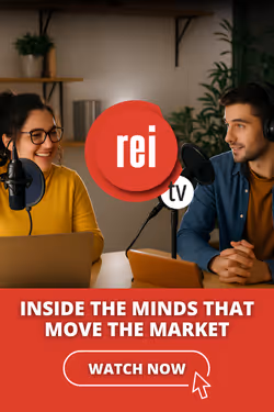 Two people wearing headphones speak into microphones for a podcast with text reading 'INSIDE THE MINDS THAT MOVE THE MARKET' and a 'WATCH NOW' button below.