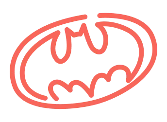 Simplistic red outline of the Batman logo, featuring a bat silhouette within an oval shape.