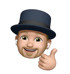 A digital avatar wearing a blue top hat and white wireless earbuds, giving a thumbs-up gesture with one hand.