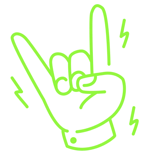 A neon green outlined hand making a "rock on" gesture, surrounded by stylized lightning bolts, on a black background.