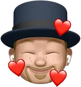 A cartoonish character wearing a black top hat adorned with red hearts, conveying a playful and affectionate vibe.