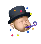 A playful character wearing a black top hat, surrounded by colorful confetti and a party horn, conveying a festive atmosphere.