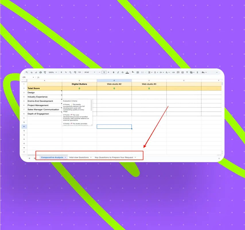 A spreadsheet showing comparative analysis criteria for evaluating web studios with colorful background and an arrow pointing to a section.