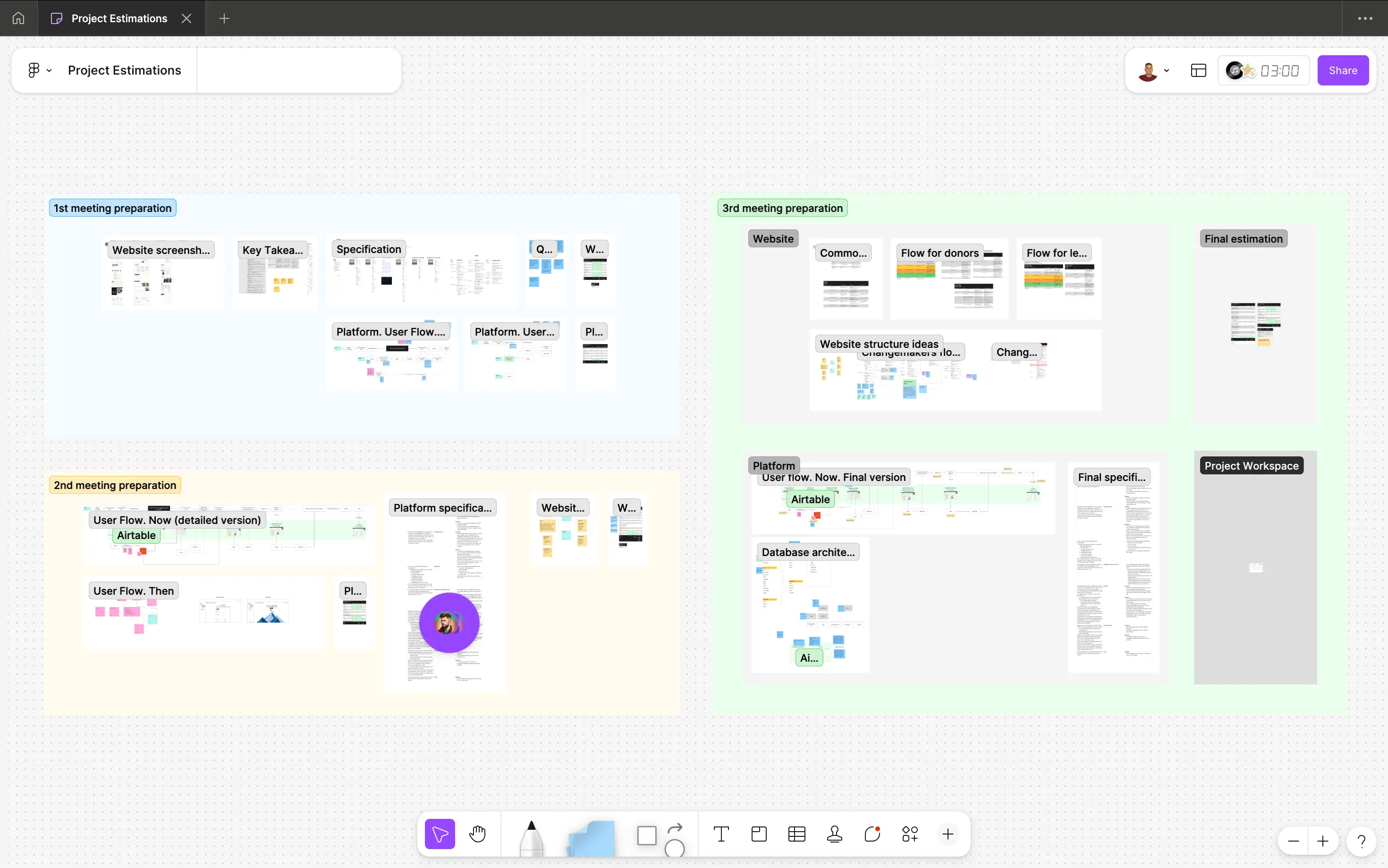 A digital workspace displaying organized sections for project estimations, including meeting preparations, user flows, and specifications.