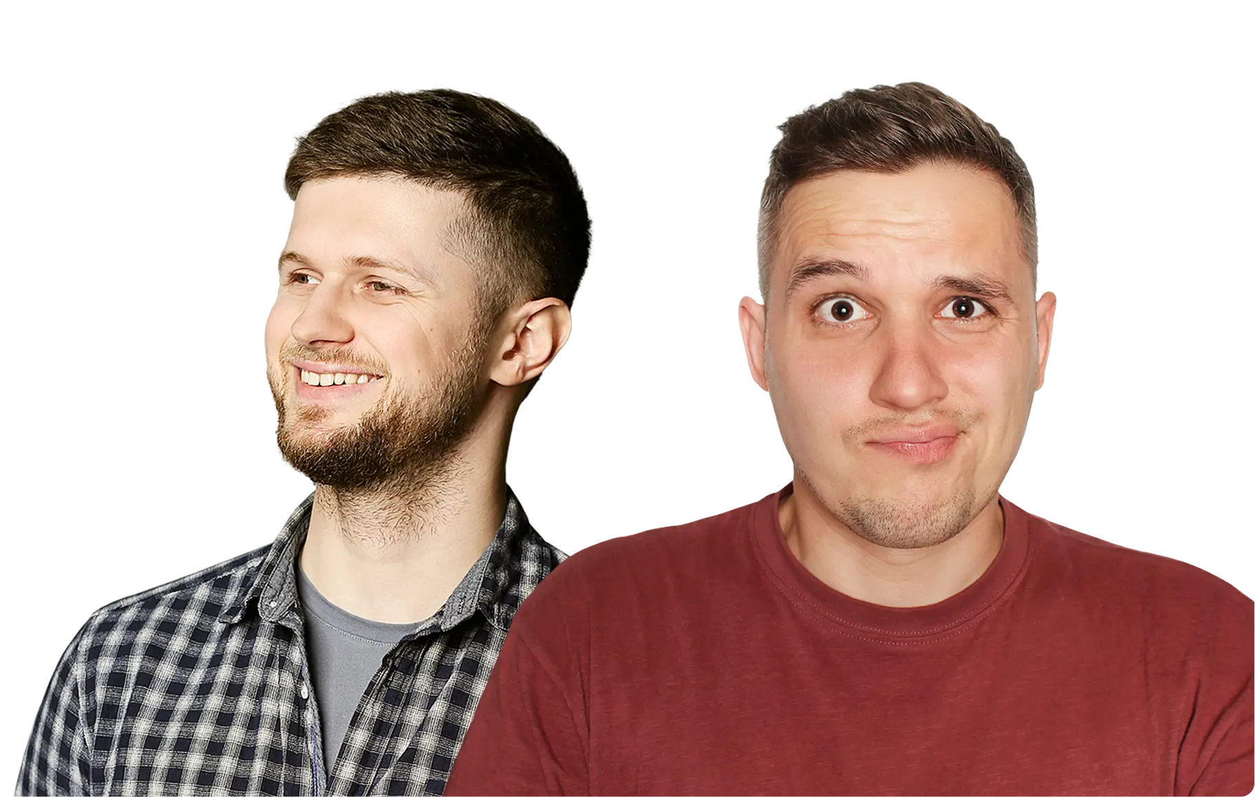Two men are shown against a black background. One smiles looking left, wearing a checked shirt; the other, in a red shirt, has a puzzled expression.