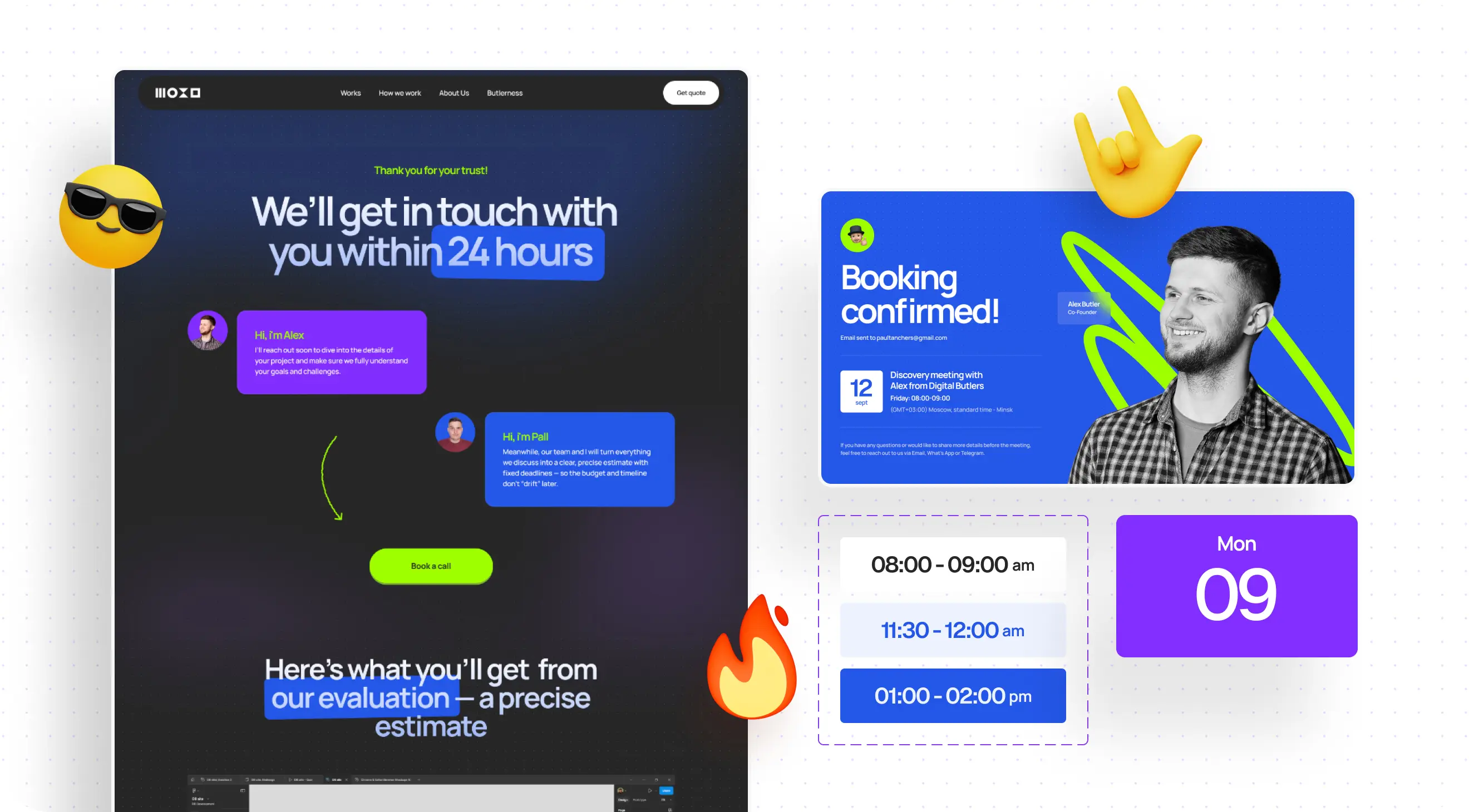A vibrant webpage confirming a booking, featuring chat bubbles, emojis, and a schedule for a discovery meeting.