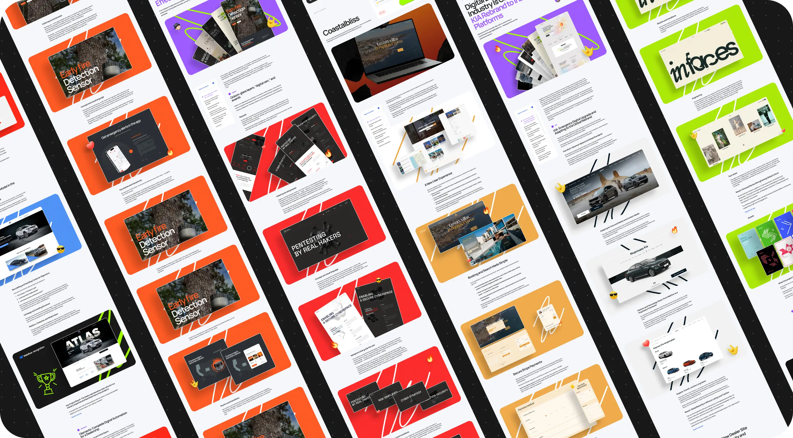 A series of web design mockups showcasing various digital projects on colorful backgrounds, highlighting modern layouts and features.