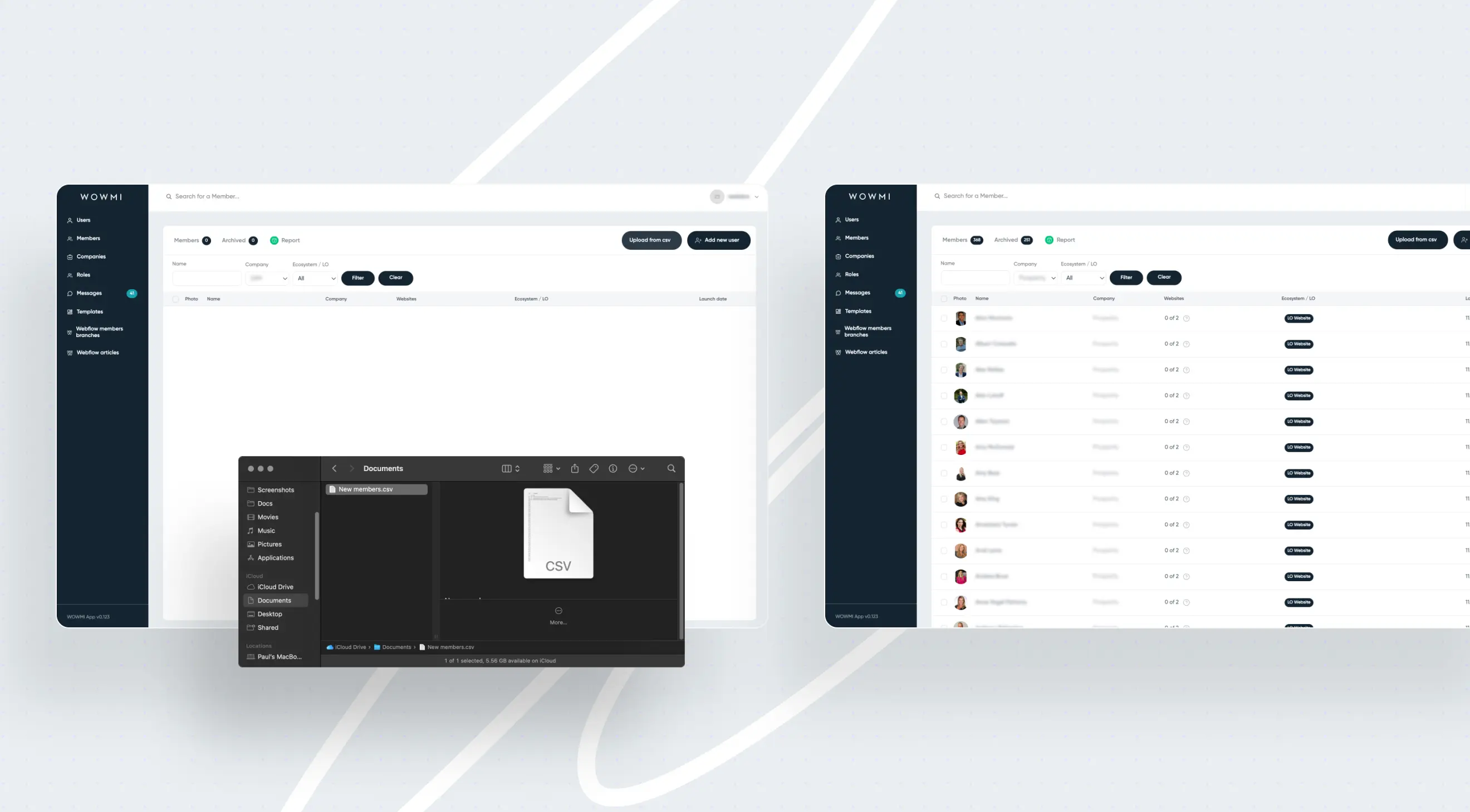 Screenshot of a user interface showing member management options, an upload CSV tool, and member listing with filtering capabilities.