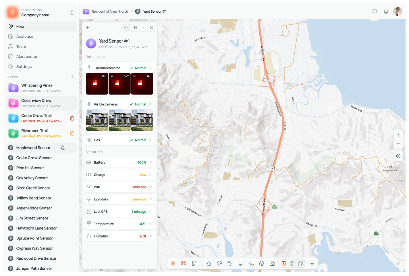 Map interface showing a list of sensors on the left, with details of "Yard Sensor #1" including thermal and visible cameras, and various statuses. A large map on the right displays a road network with a highlighted route.