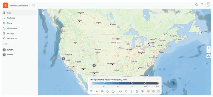 Interactive map of North America displaying precipitation levels and sensor locations. Sidebar options include map, analytics, and settings.