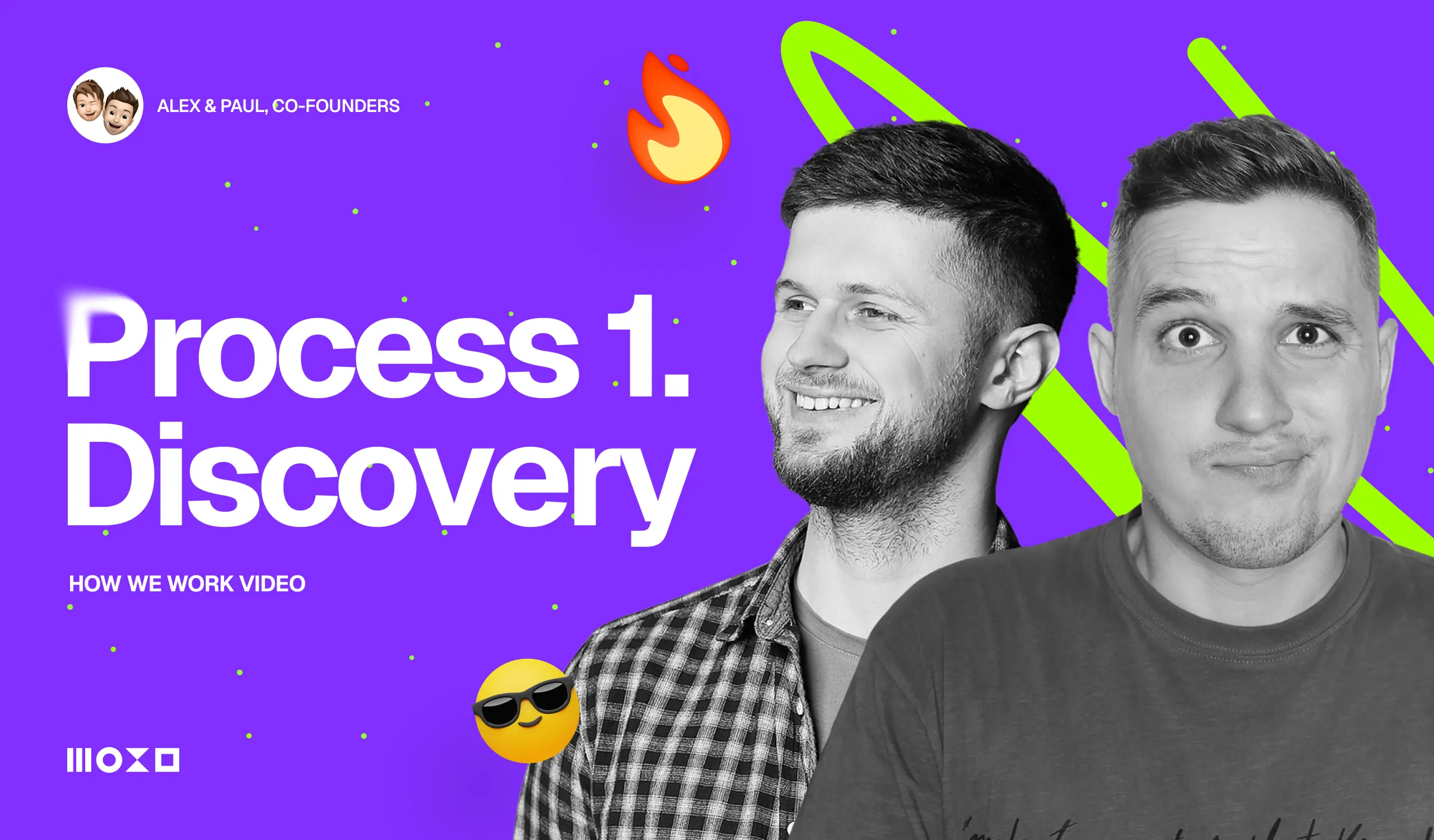 Two co-founders stand side by side against a vibrant purple background, showcasing "Process 1: Discovery" and playful graphics.
