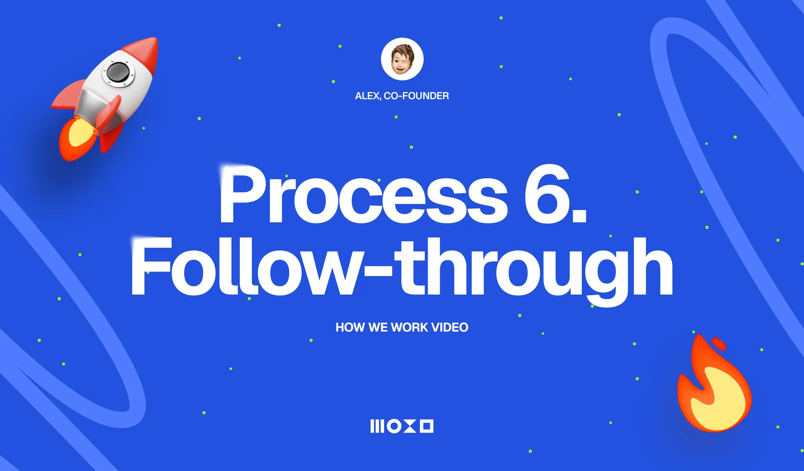 Title screen for a video titled "Process 6: Follow-through," featuring animated rocket and flame graphics on a vibrant blue background.