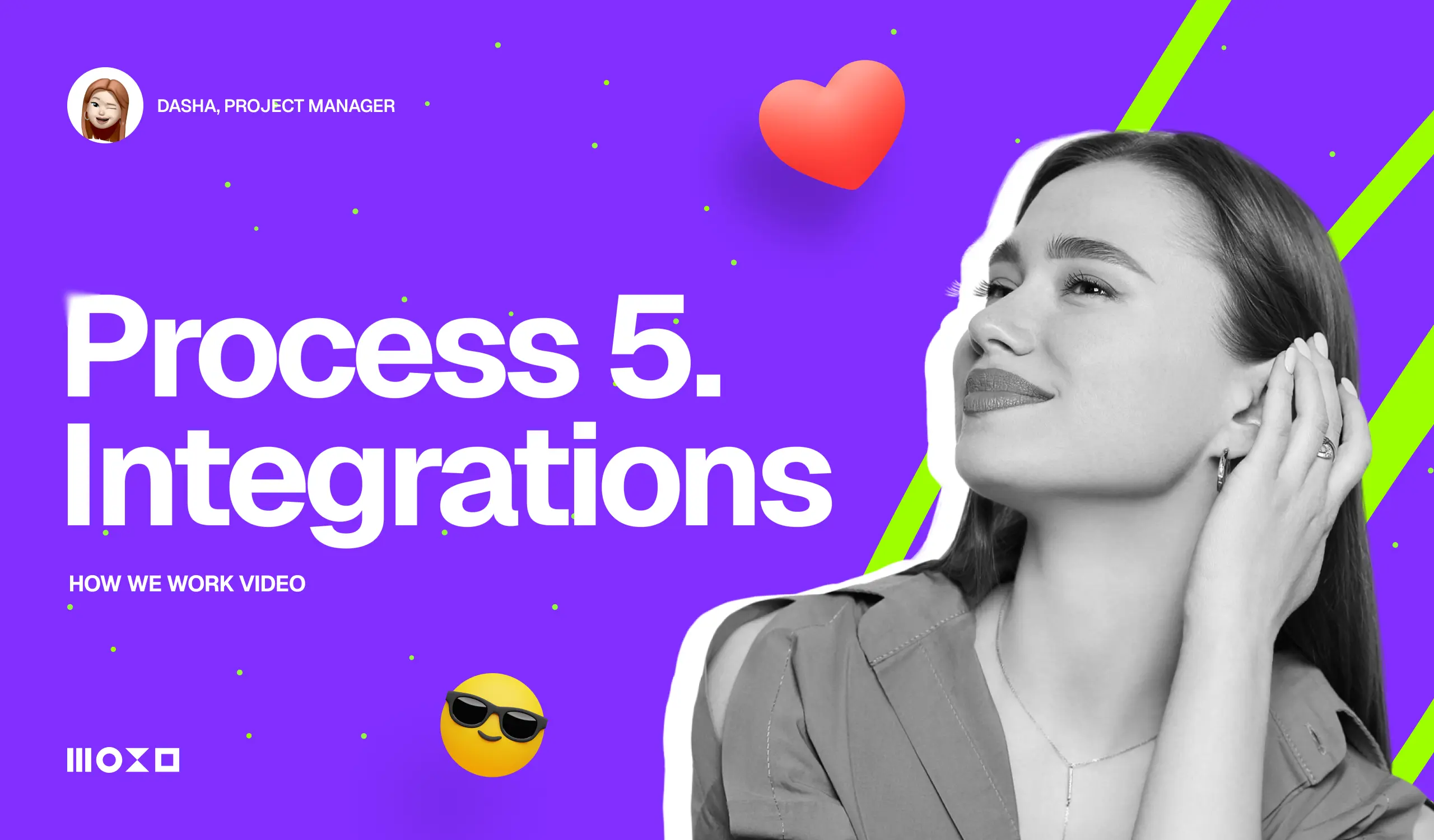 Colorful graphic highlighting "Process 5: Integrations," with playful emojis and a blurred image of a person.