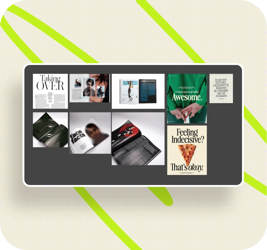 Magazine and book pages displayed on a dark board, featuring text, photos, and graphics including a pizza slice and a person in a green outfit.