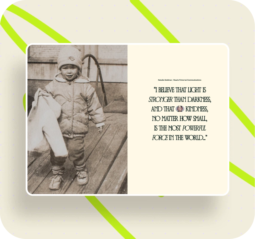 Sepia photo of a child in winter clothes beside a quote about light and kindness by Natasha Goldham, Head of Internal Communications.