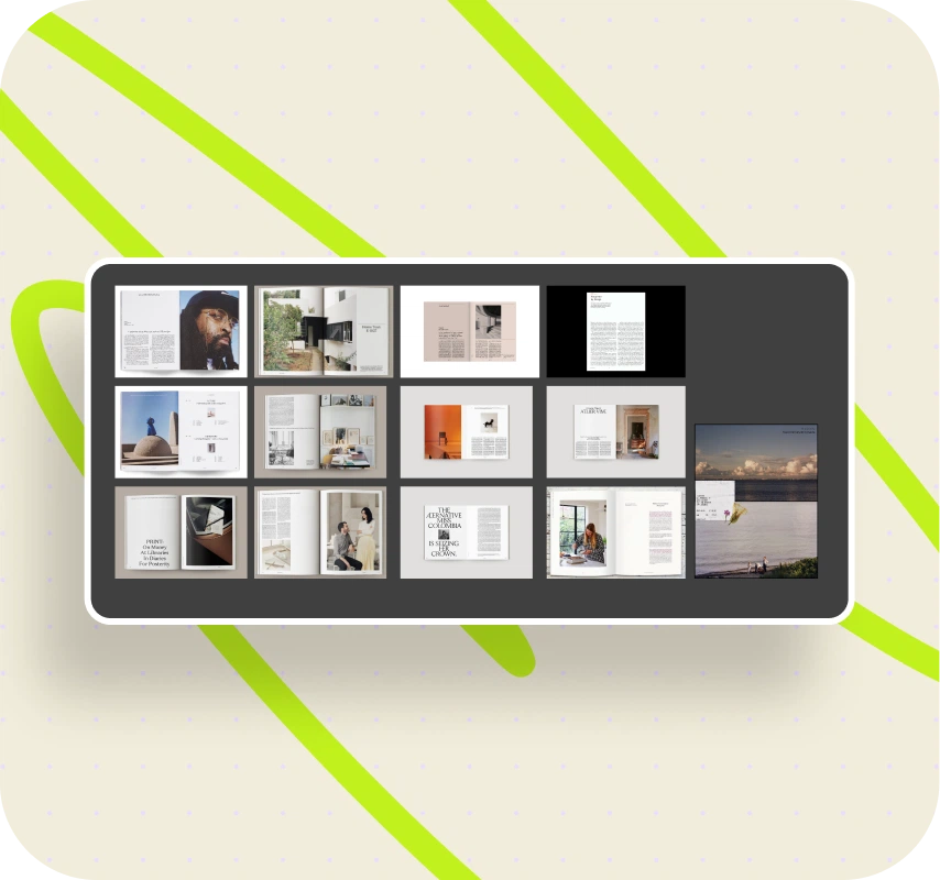 Thumbnail grid of various open magazines and articles displaying photos, text, and design layouts on a dark rectangular background.