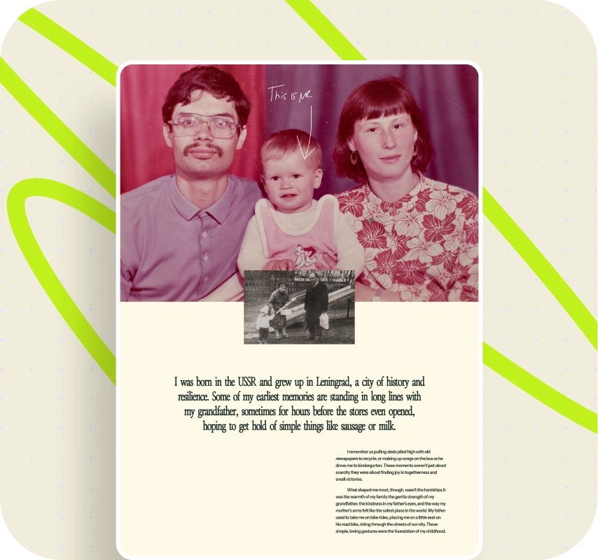 Old family photos with a child between parents and text describing childhood memories growing up in Leningrad, USSR during times of scarcity.