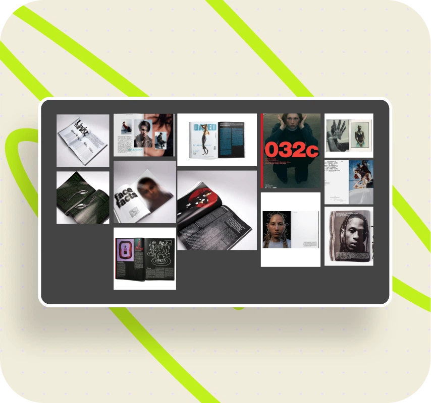 Collage of various open magazines and editorial layouts with text, photography, and artistic designs displayed on a dark background.