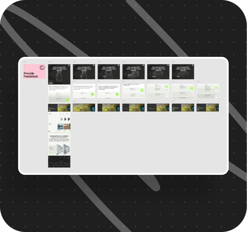 A digital dashboard displays multiple black and white interface mockups arranged in three rows, with a sidebar on the left labeled Provide Feedback.