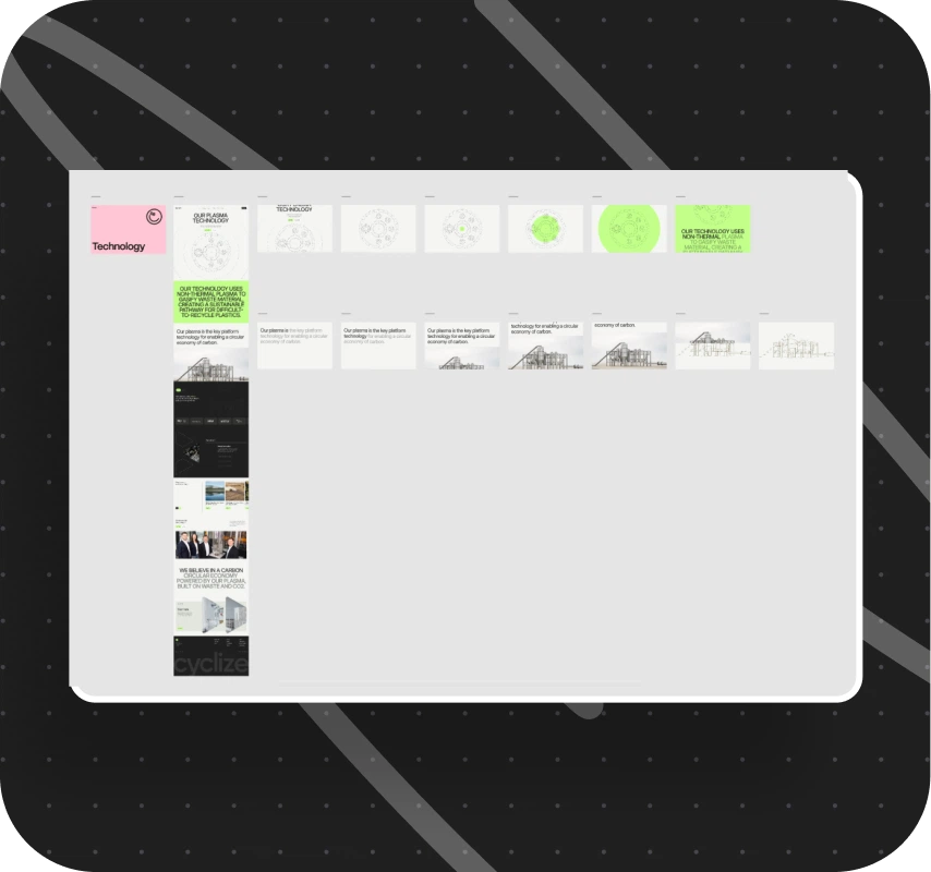 A computer screen displays a grid layout of various digital slides and image thumbnails, with one section labeled Technology highlighted in pink.