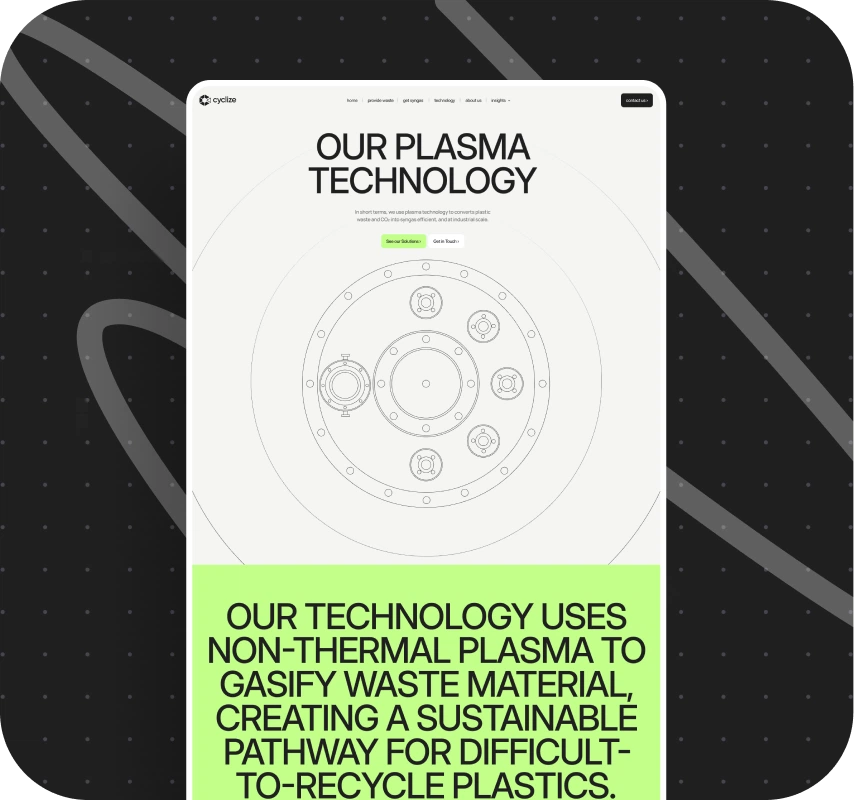 Digital poster titled Our Plasma Technology with circular machinery diagram. Description highlights plasma technology for recycling plastics efficiently. Background features subtle grid pattern.