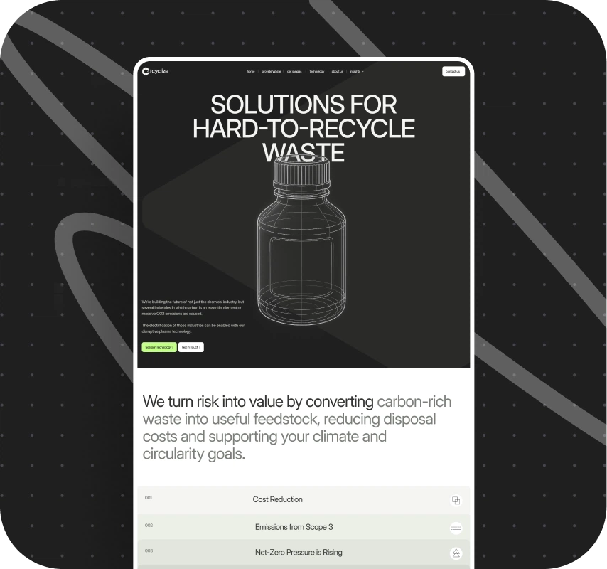 Website homepage featuring a wireframe drawing of a bottle with the headline Solutions for Hard-to-Recycle Waste. The page highlights converting waste into useful feedstock with sections on cost reduction, emissions, and net-zero strategies. The background is dark with subtle diagonal lines, conveying innovation and sustainability.
