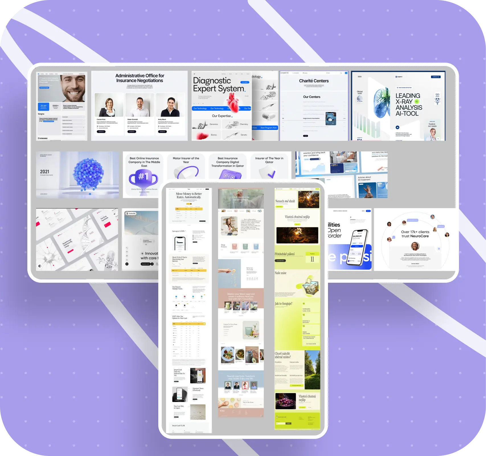 Two website design mockups overlap on a purple background with diagonal white lines and small dots; one is vertical and the other is horizontal with multiple thumbnails.