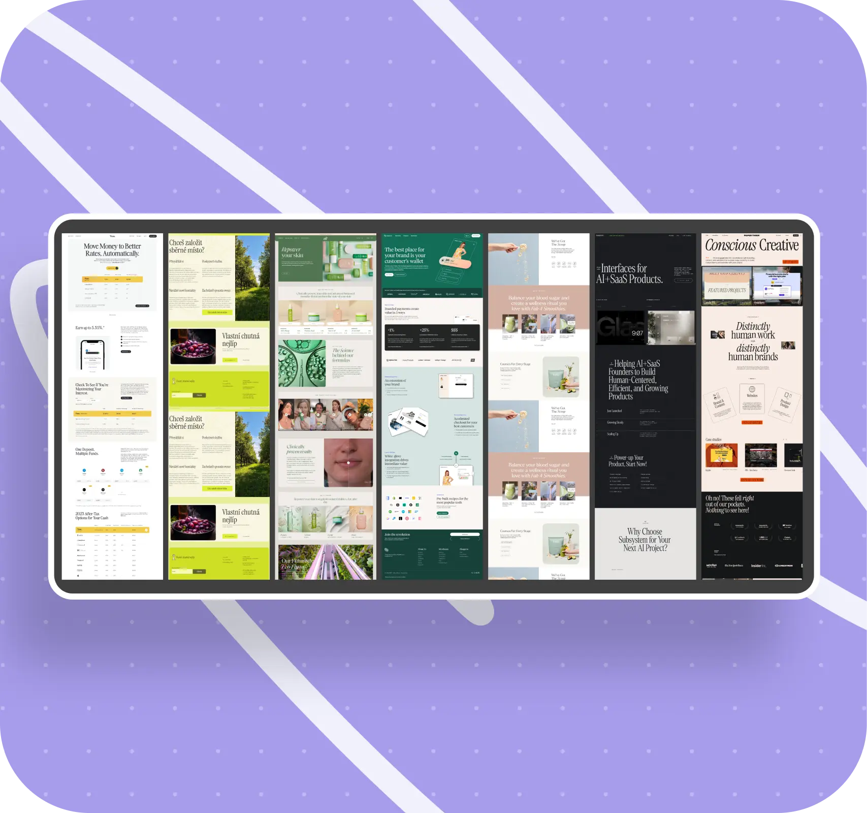 Two side-by-side grids display website thumbnails on a purple background with diagonal lines. The tone is modern and organized, suggesting a design portfolio.