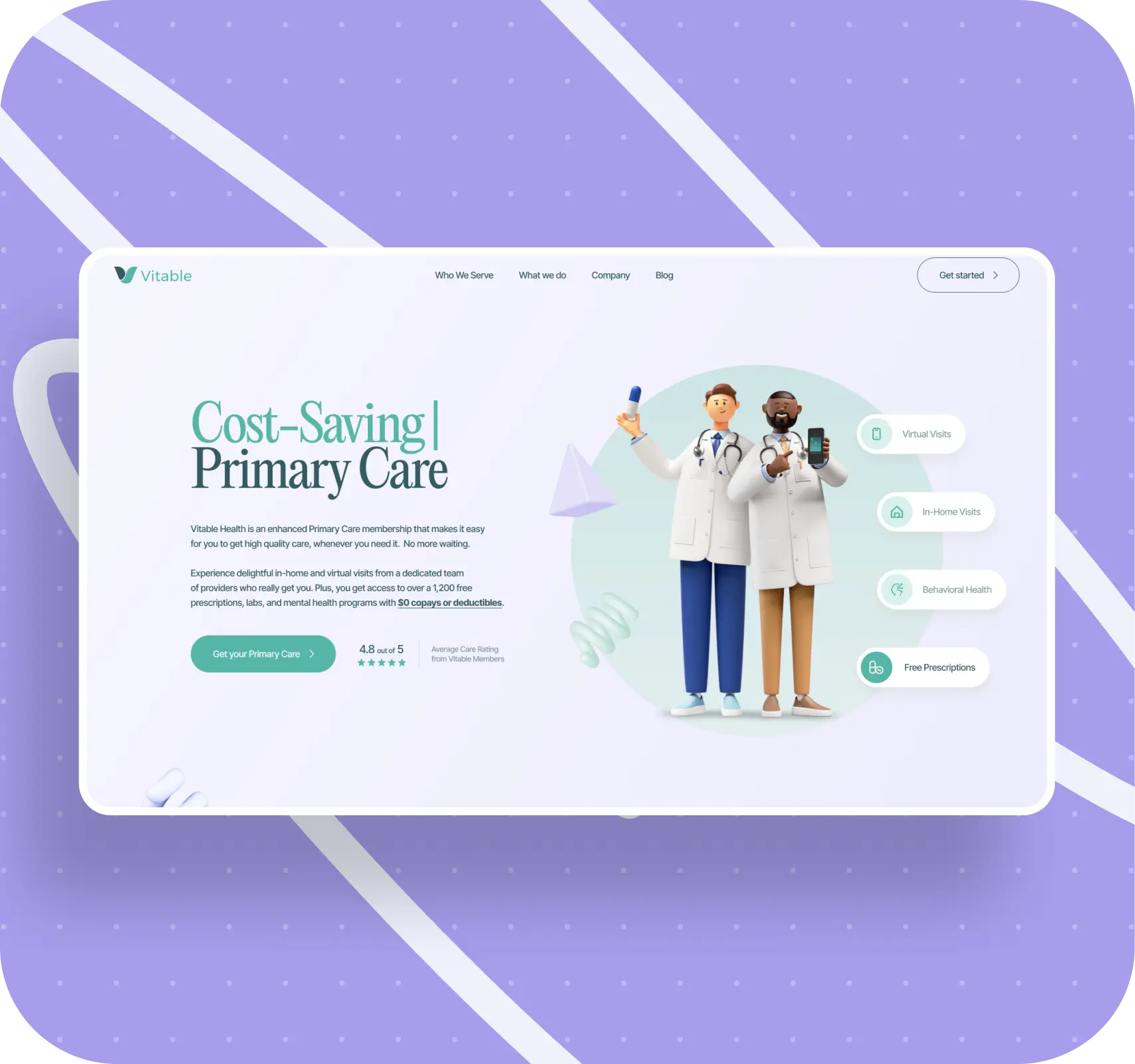 Digital illustration of a healthcare website with two doctors. Features include Cost-Saving Primary Care text, buttons, and a purple background