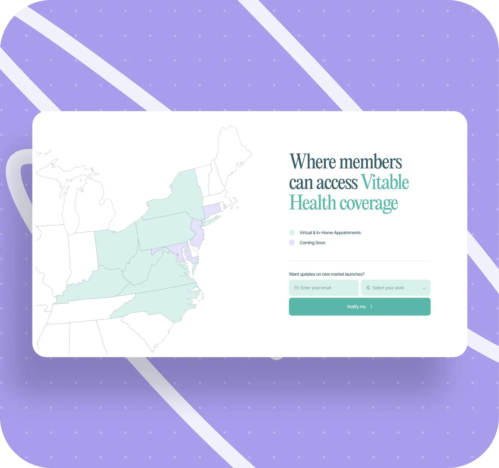 Map highlighting specific U.S. states where Vitable Health coverage is available. Text fields and a green button for signing up are to the right