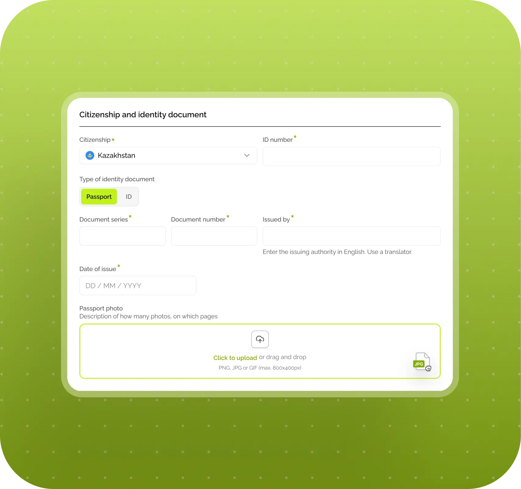 Form for entering citizenship and identity document info. Fields include citizenship, ID number, document type, series, date, and upload section. Light green background.