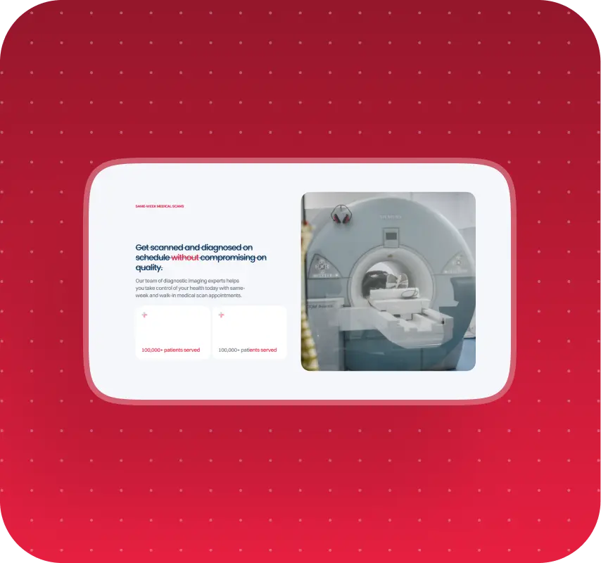 Elvetico same-week medical scans section with patient metrics and a photo of an MRI scanner.
