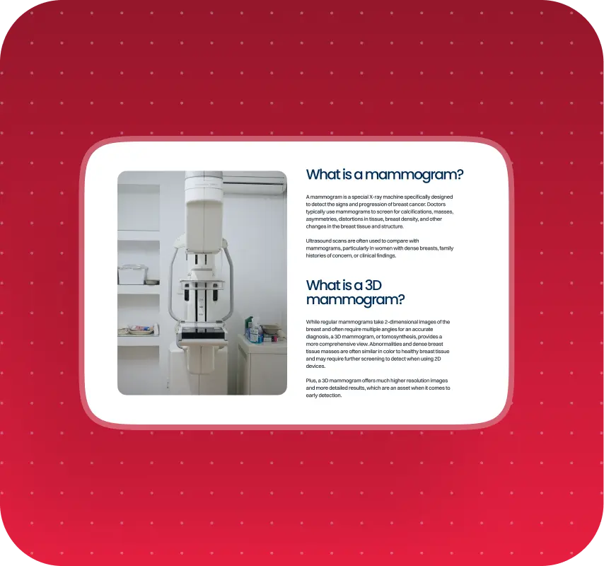 Elvetico mammogram explainer block with a 3D mammogram machine photo and What is a mammogram / 3D mammogram text.
