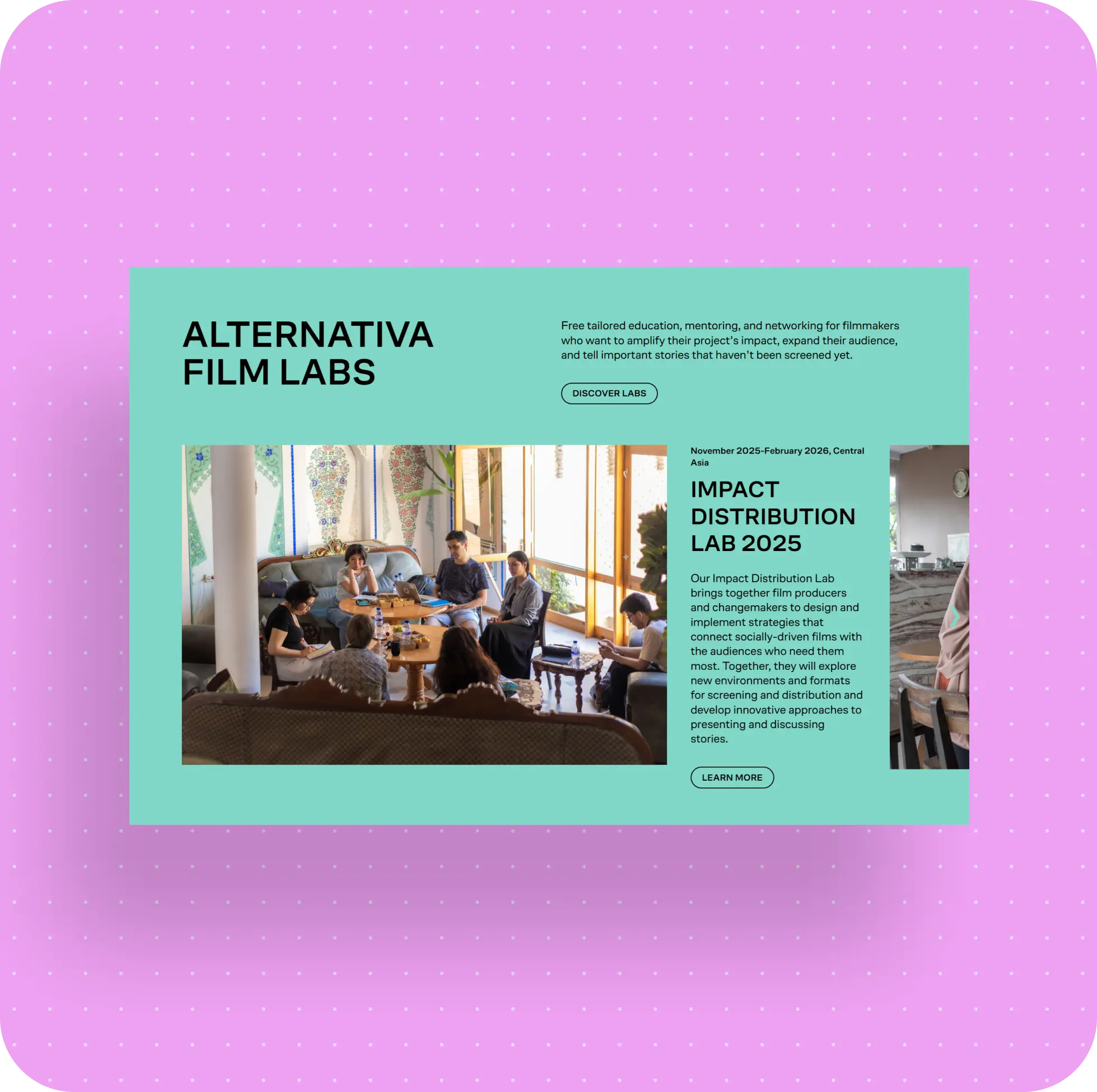 Alternativa Film Labs section highlighting Impact Distribution Lab 2025 with a workshop photo and Discover Labs and Learn More buttons.