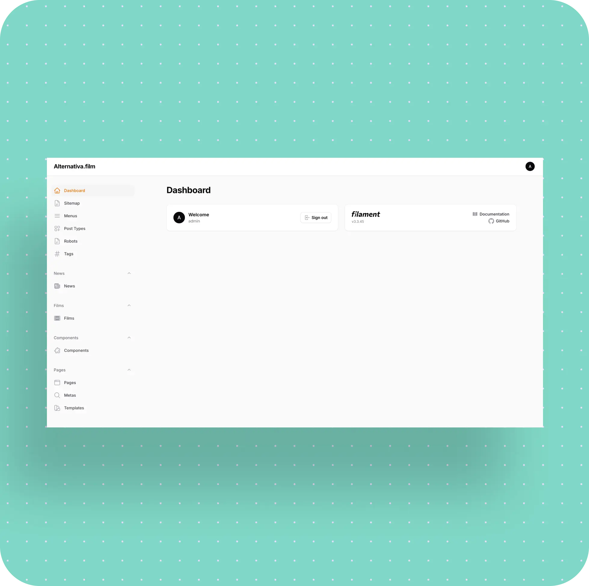 Custom Laravel Filament admin dashboard for Alternativa.film with sidebar navigation, welcome card, and filament version info.