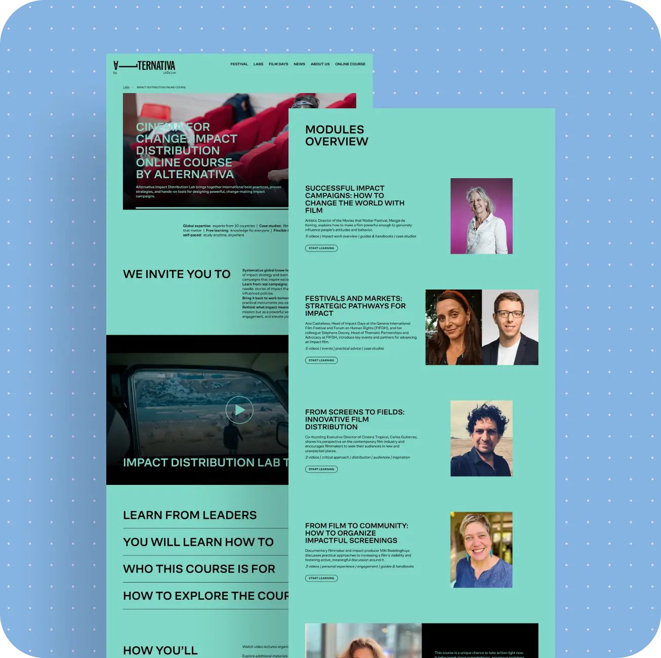 Two screenshots of the Impact Distribution Online Course: the course landing page and a Modules Overview with four instructor-led modules.