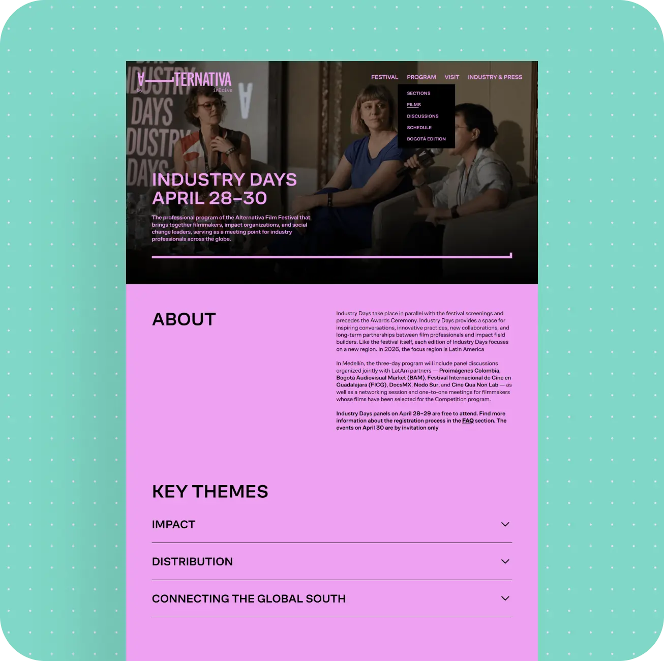 Industry Days program page for April 28-30 with About copy and Key Themes accordion sections on a pink background.