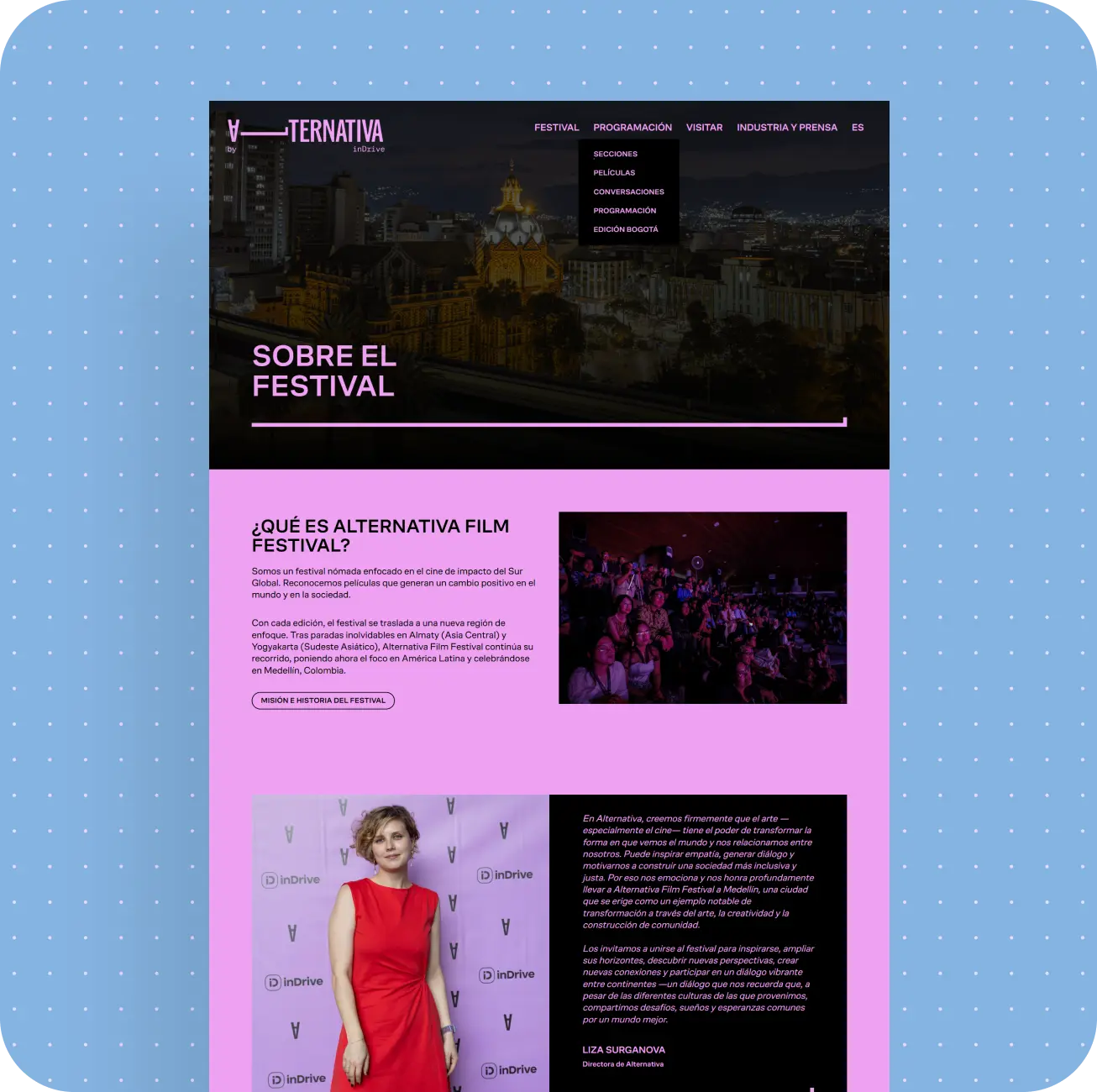 Spanish Sobre el festival page with ES language switcher, festival overview, and director Liza Surganova message.