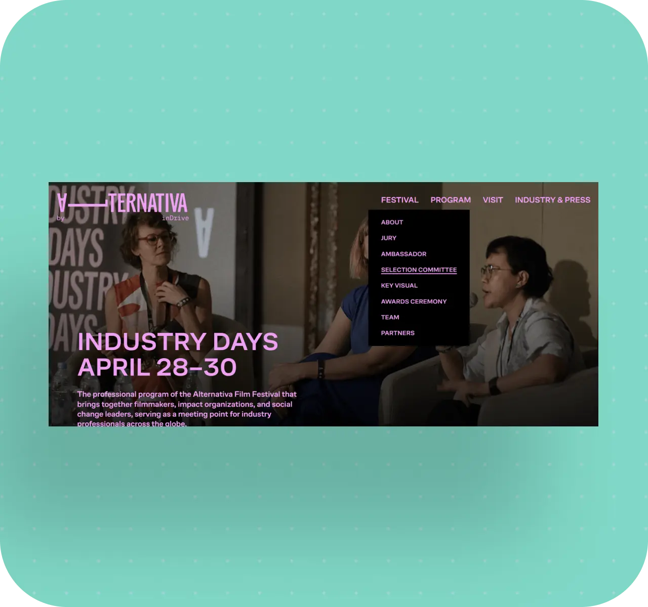 Industry Days hero with the Festival dropdown open on Selection Committee amid pink navigation.
