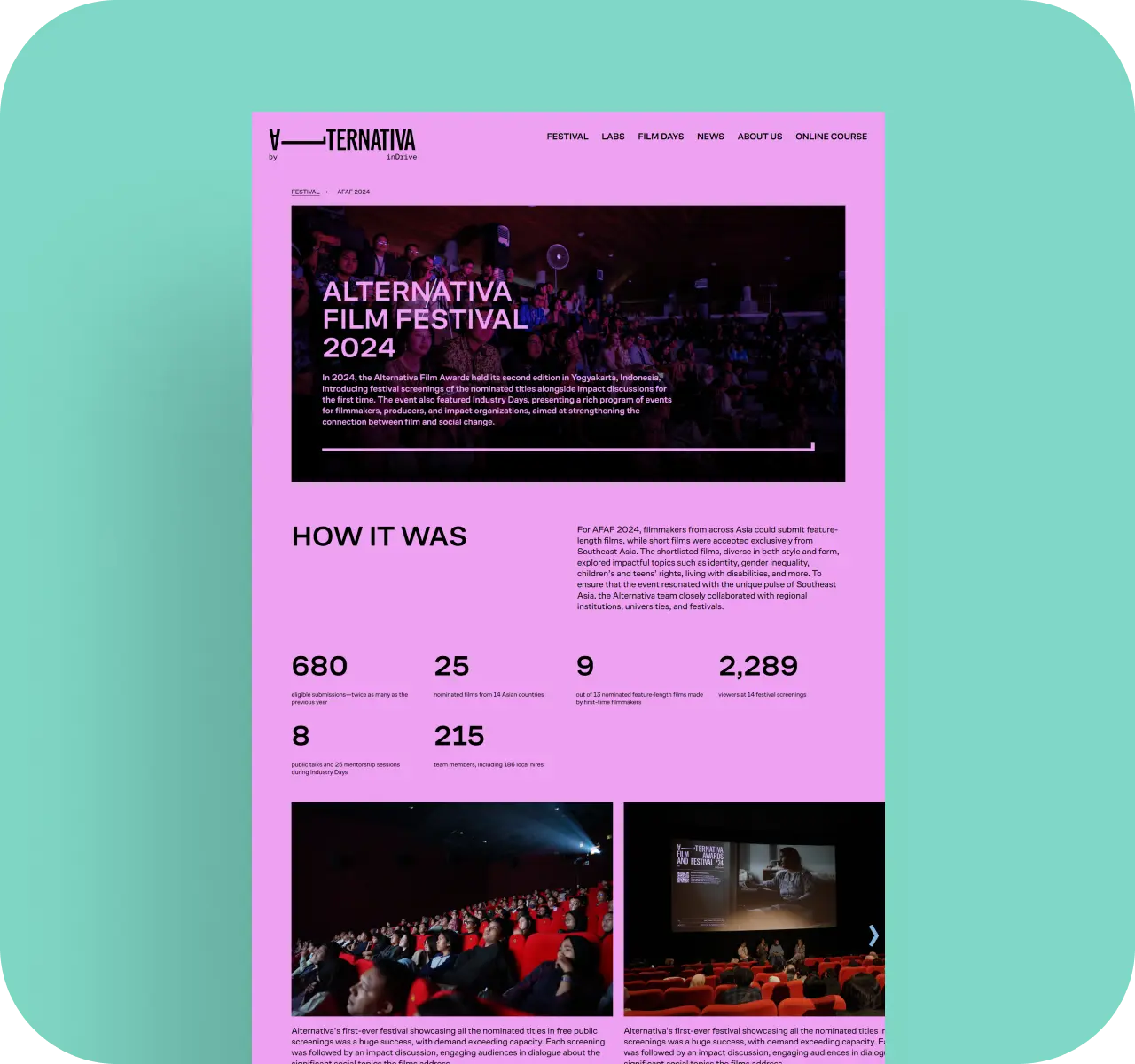 Alternativa Film Festival 2024 page with How it was stats and audience gallery photos on a pink layout.