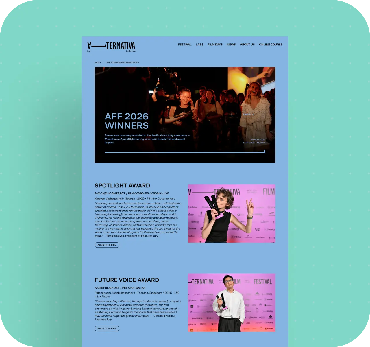 AFF 2026 Winners news page with Spotlight Award and Future Voice Award winner photos.