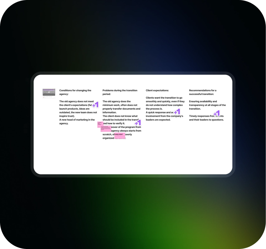 White rounded presentation slide on a dark, colorful blurred background, outlining agency transition conditions, problems, client expectations, and recommendations.