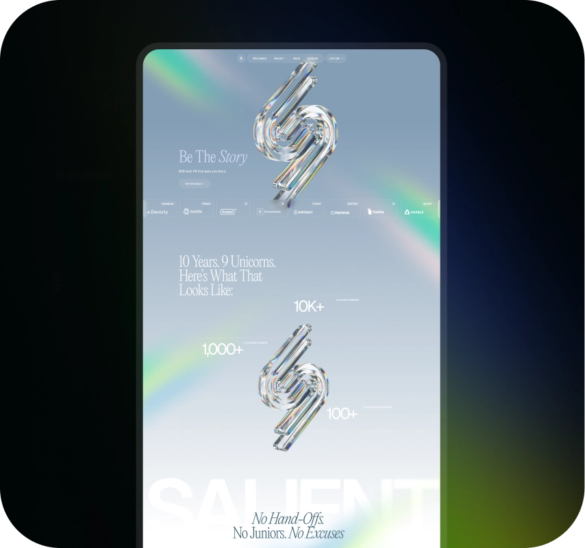 Mobile website mockup with chrome abstract numerals, pastel rainbow gradients, and bold typography promoting a stylish, futuristic design.