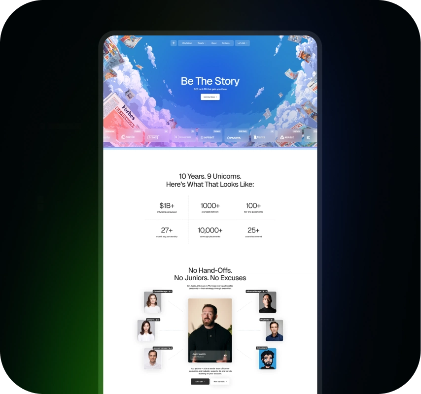 Mobile website landing page titled “Be The Story,” featuring a colorful sky collage, company metrics, and employee portraits in a polished, inspiring layout.