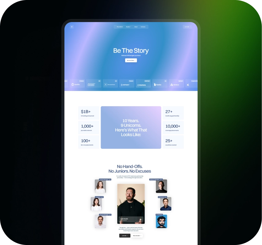 Website landing page mockup with blue-purple gradient hero, “Be The Story” headline, statistics, and team portraits in a clean layout.