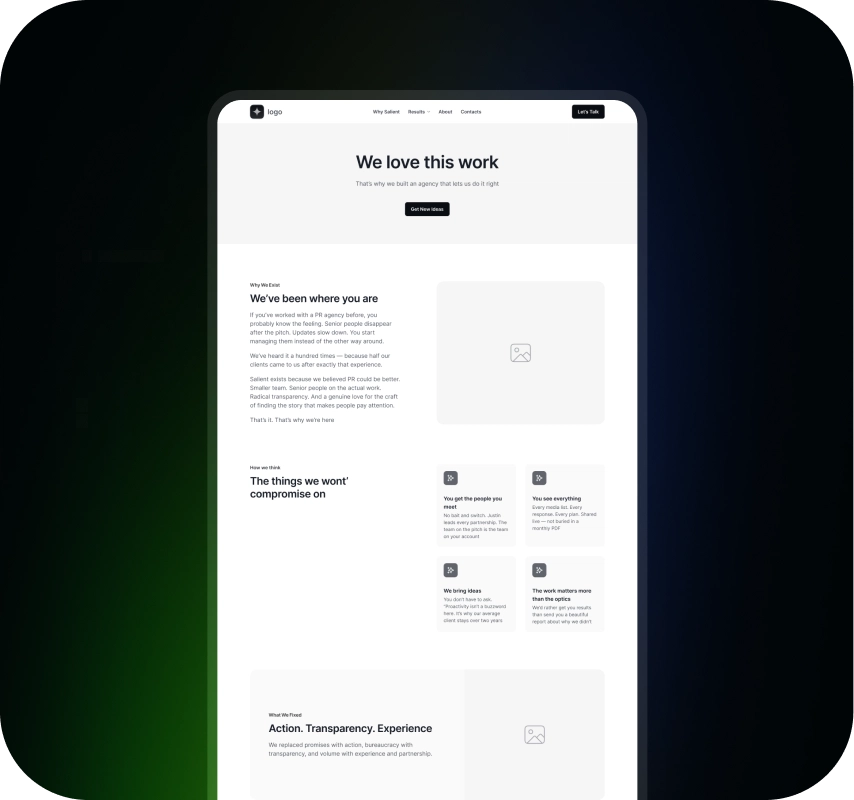 Website mockup on a tablet against a dark green-blue gradient, featuring “We love this work,” mission text, and organized feature cards.