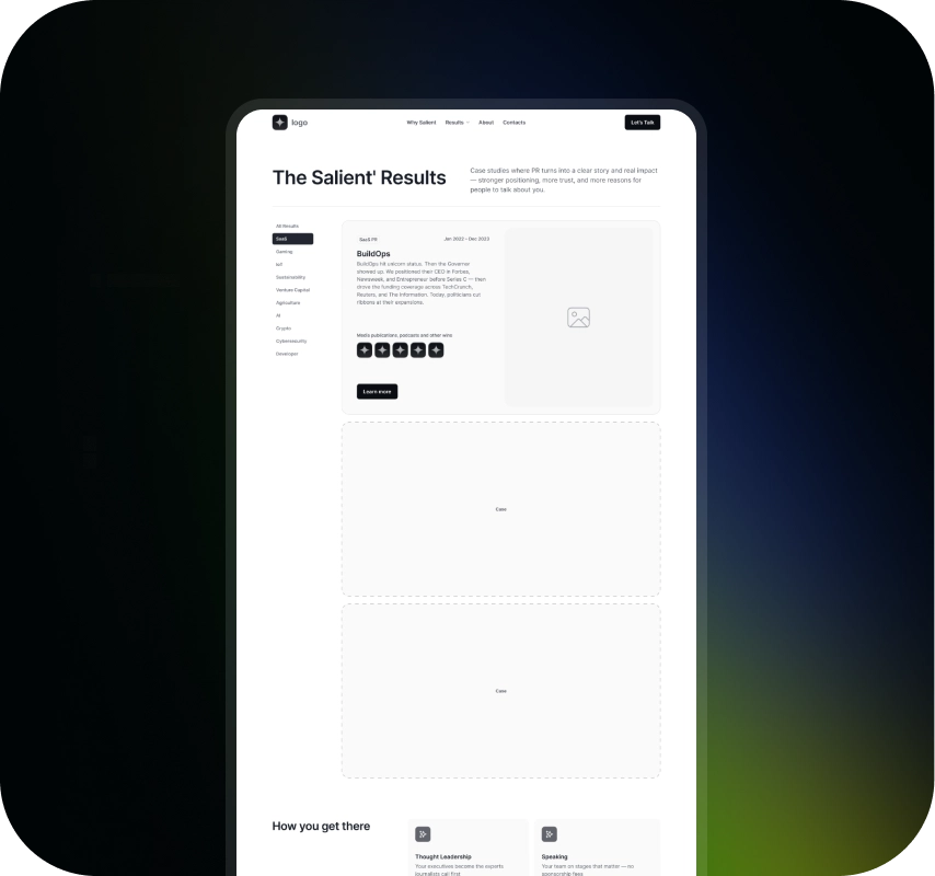 Minimalist webpage titled “The Salient Results,” showing a research summary with navigation, content cards, and large blank result panels.