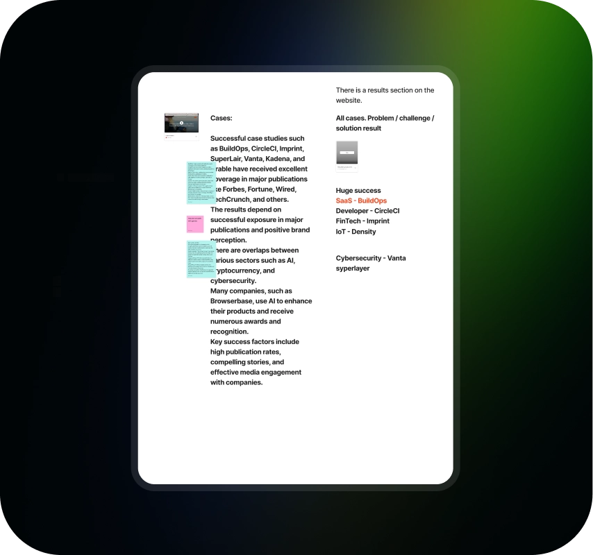 Screenshot of a webpage outlining successful customer case studies, brand growth, and results, set in a clean white panel on a dark gradient background.